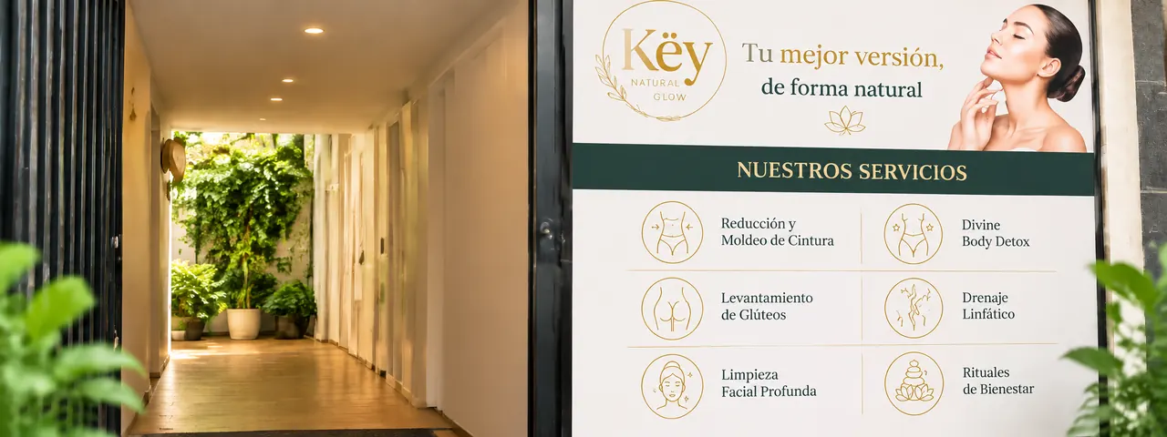 Aviso de la fachada de Key Natural Glow con sus servicios
